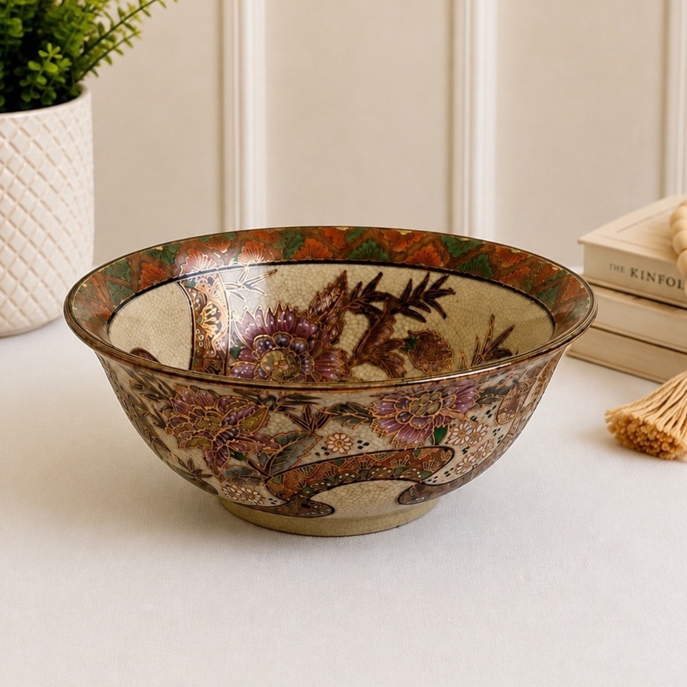 Chinese Satsuma-style hand-decorated crackle-glaze footed bowl 8 in Gold Accents